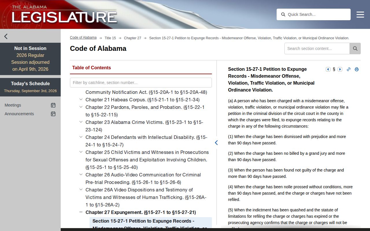 Official Alabama Code expungement eligibility page
