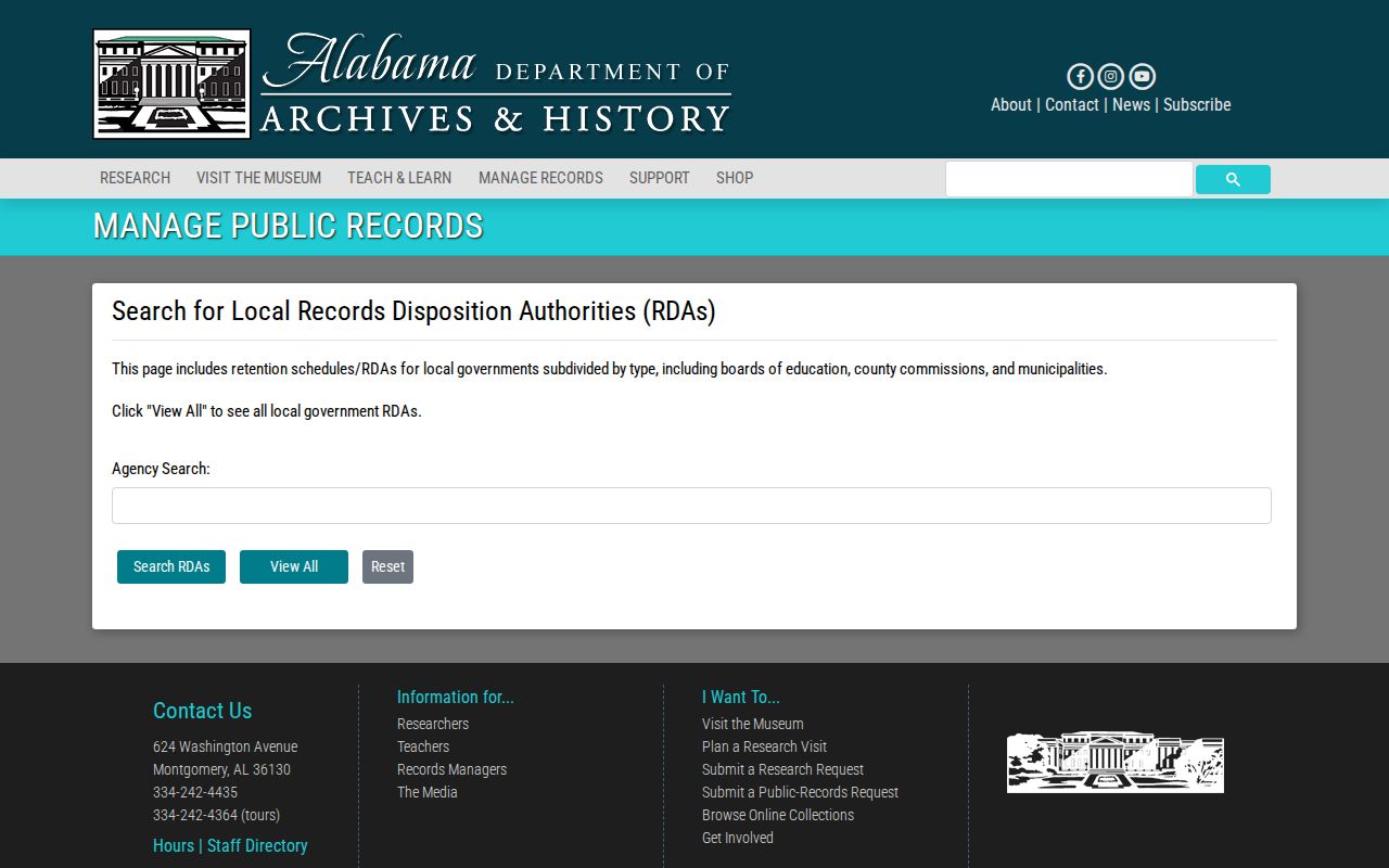 Alabama Archives local records disposition search page