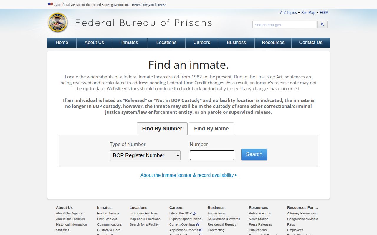 Federal BOP locator for custody after a Lawrence County arrest